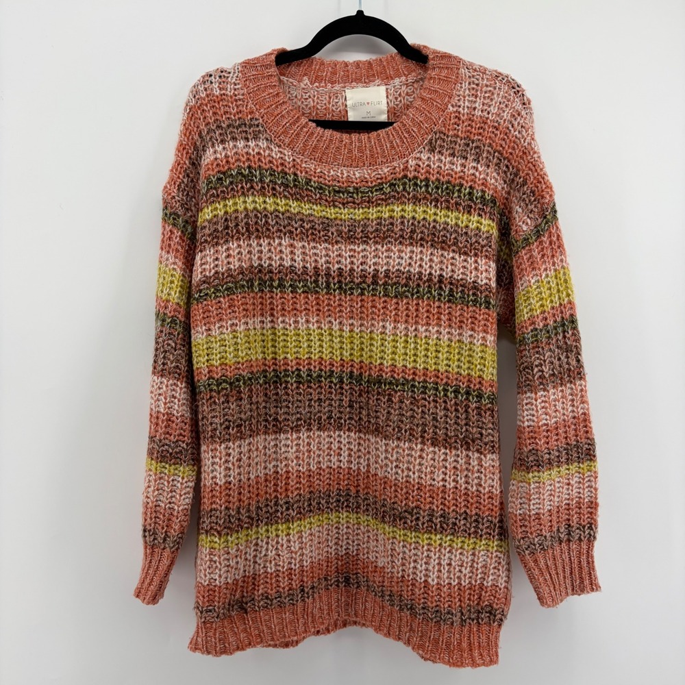 Ultra Flirt Women's M‎ Sweater Rust Multicolor Striped Crew Neck Relaxed Boho